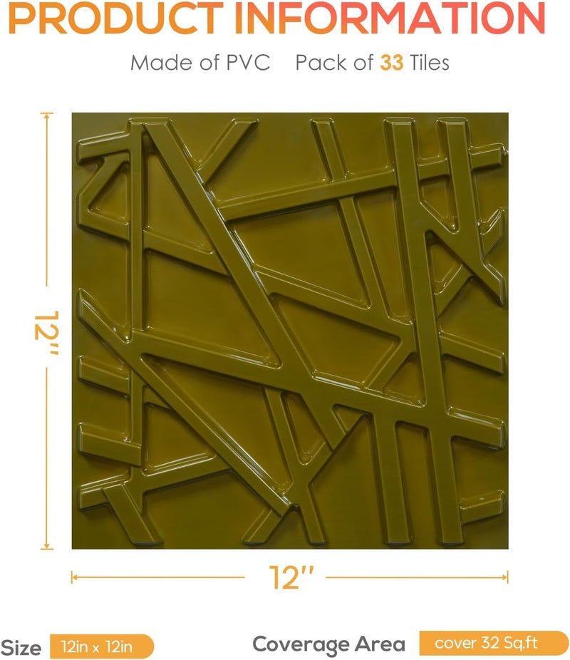 LEVOWAY 3D Wall Panels for Interior Wall Decor, 11.8''x11.8'' 33 Pack Accent Textured Wall Panels for Living Room, Gaming Room, TV Background, Cover 32 Sq.Ft (Brushed Gold) - Image 5
